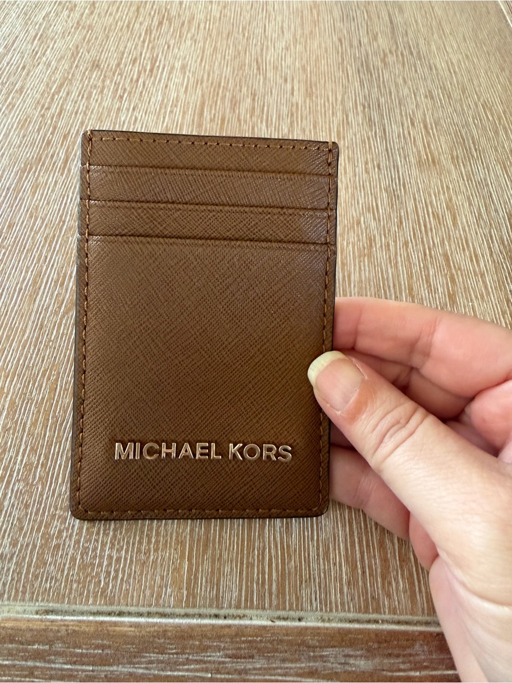 Michael Kors Brown Saffiano Leather Card Holder with Gold Logo